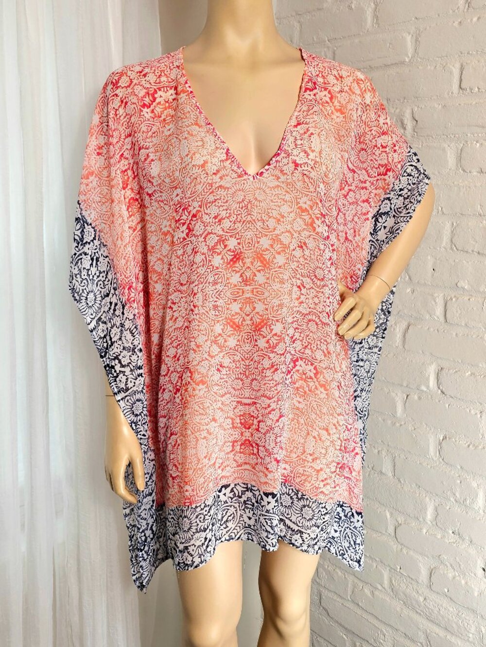 Tommy Bahama Kaftan Cover-Up Size M Coral Navy Border Print Beach - Picture 1 of 7